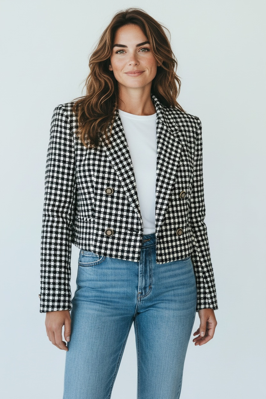 Zara Short Gingham Black and White Blazer